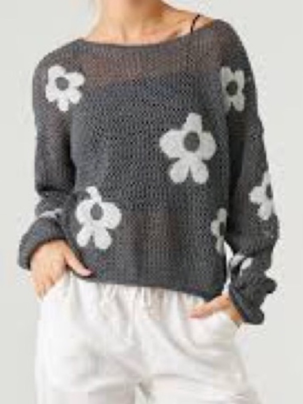 ADORA Sweater Womens M Gray Open Knit Flower Crop Dolman Sleeve Drop Shoulder